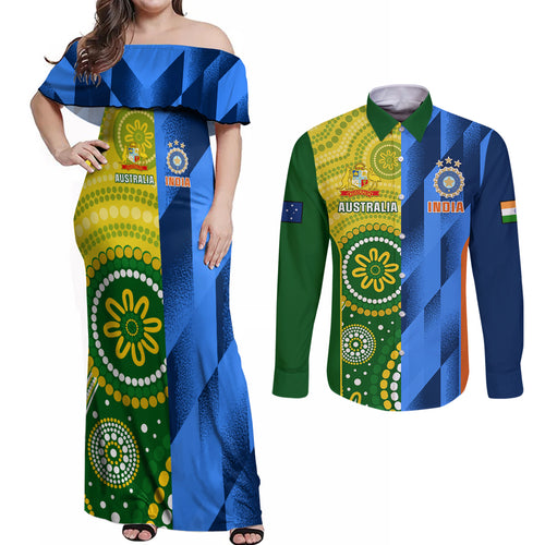 australia-and-india-cricket-couples-matching-off-shoulder-maxi-dress-and-long-sleeve-button-shirt-2023-world-cup-final-together