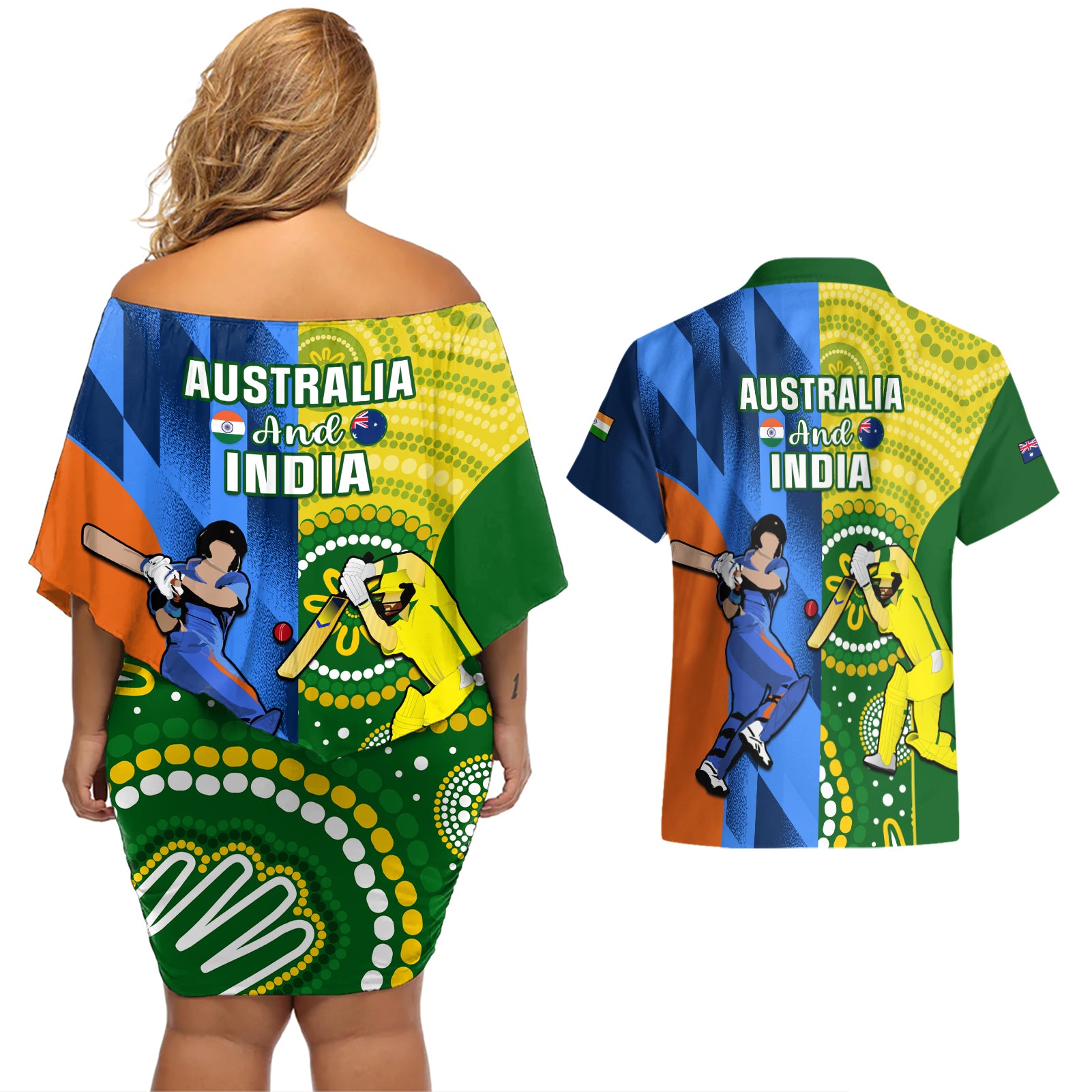 australia-and-india-cricket-couples-matching-off-shoulder-short-dress-and-hawaiian-shirt-2023-world-cup-final-together