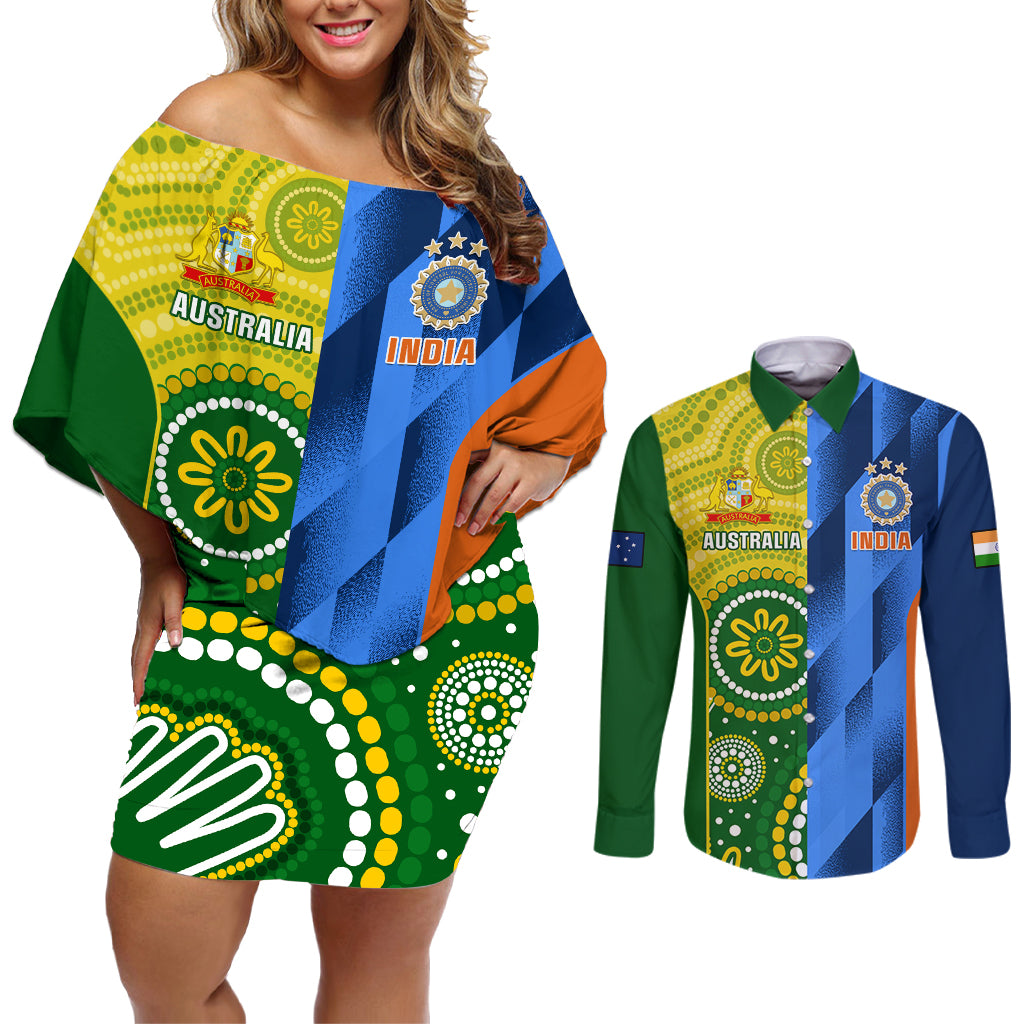 australia-and-india-cricket-couples-matching-off-shoulder-short-dress-and-long-sleeve-button-shirt-2023-world-cup-final-together