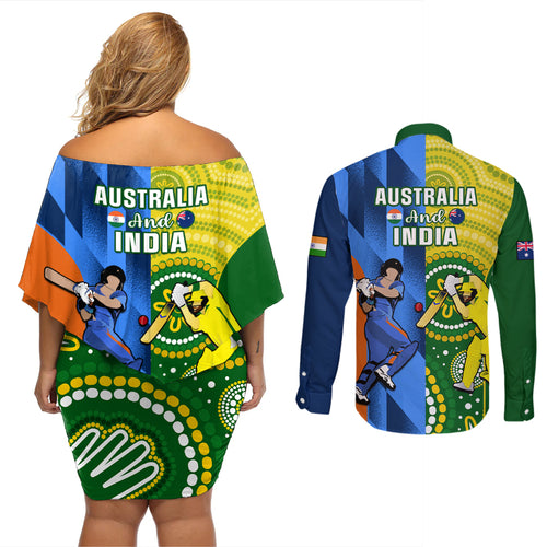 australia-and-india-cricket-couples-matching-off-shoulder-short-dress-and-long-sleeve-button-shirt-2023-world-cup-final-together