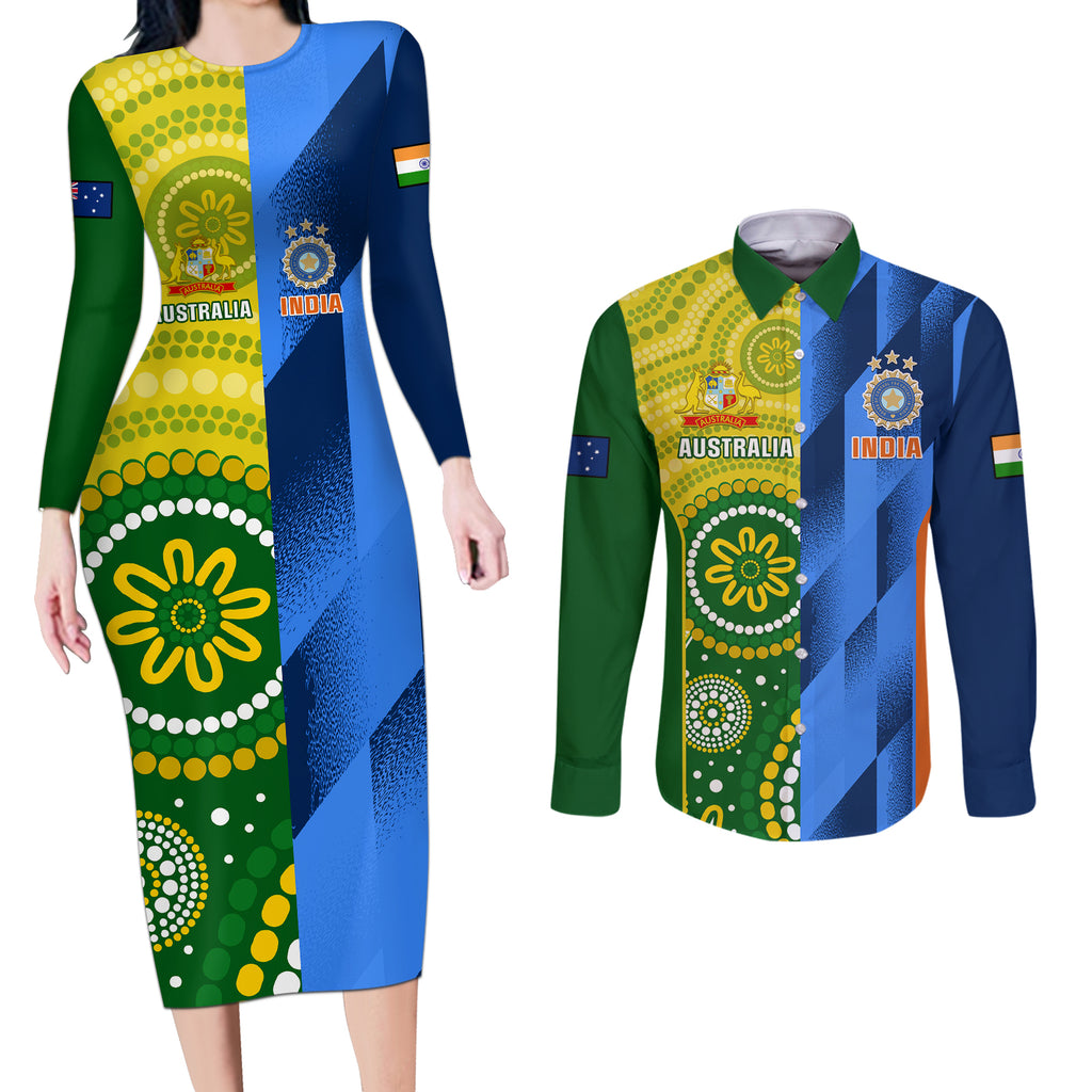 custom-australia-and-india-cricket-couples-matching-long-sleeve-bodycon-dress-and-long-sleeve-button-shirt-2023-world-cup-final-together