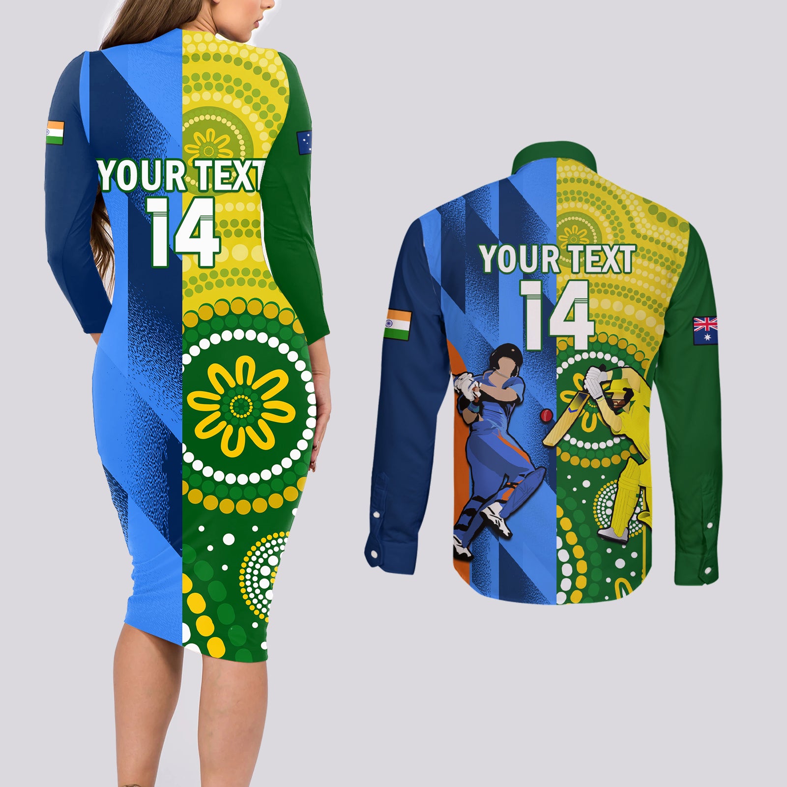 custom-australia-and-india-cricket-couples-matching-long-sleeve-bodycon-dress-and-long-sleeve-button-shirt-2023-world-cup-final-together