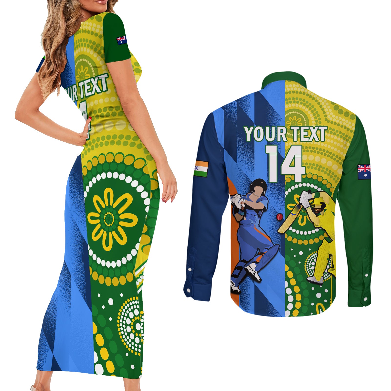 custom-australia-and-india-cricket-couples-matching-short-sleeve-bodycon-dress-and-long-sleeve-button-shirt-2023-world-cup-final-together