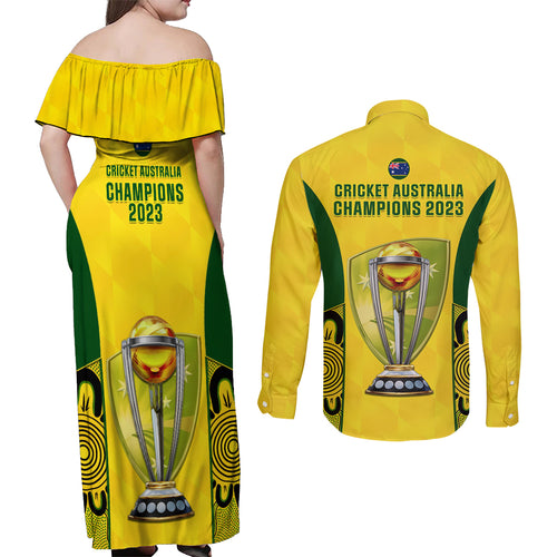 australia-cricket-couples-matching-off-shoulder-maxi-dress-and-long-sleeve-button-shirt-world-cup-go-champions-2023-indigenous