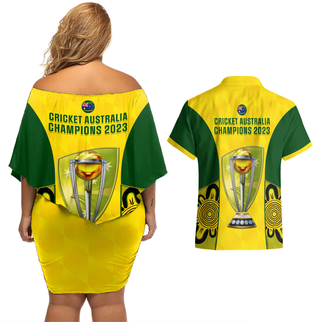 australia-cricket-couples-matching-off-shoulder-short-dress-and-hawaiian-shirt-world-cup-go-champions-2023-indigenous