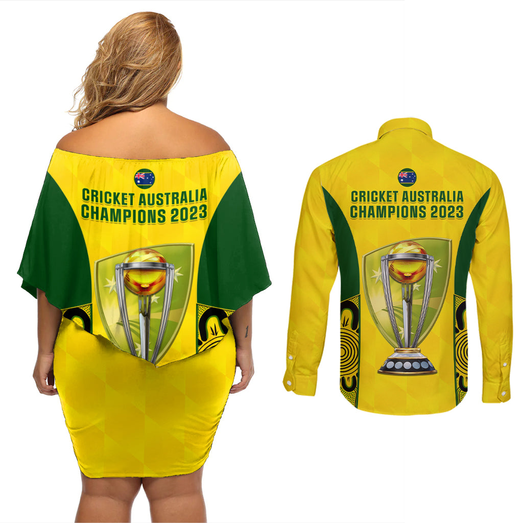 australia-cricket-couples-matching-off-shoulder-short-dress-and-long-sleeve-button-shirt-world-cup-go-champions-2023-indigenous