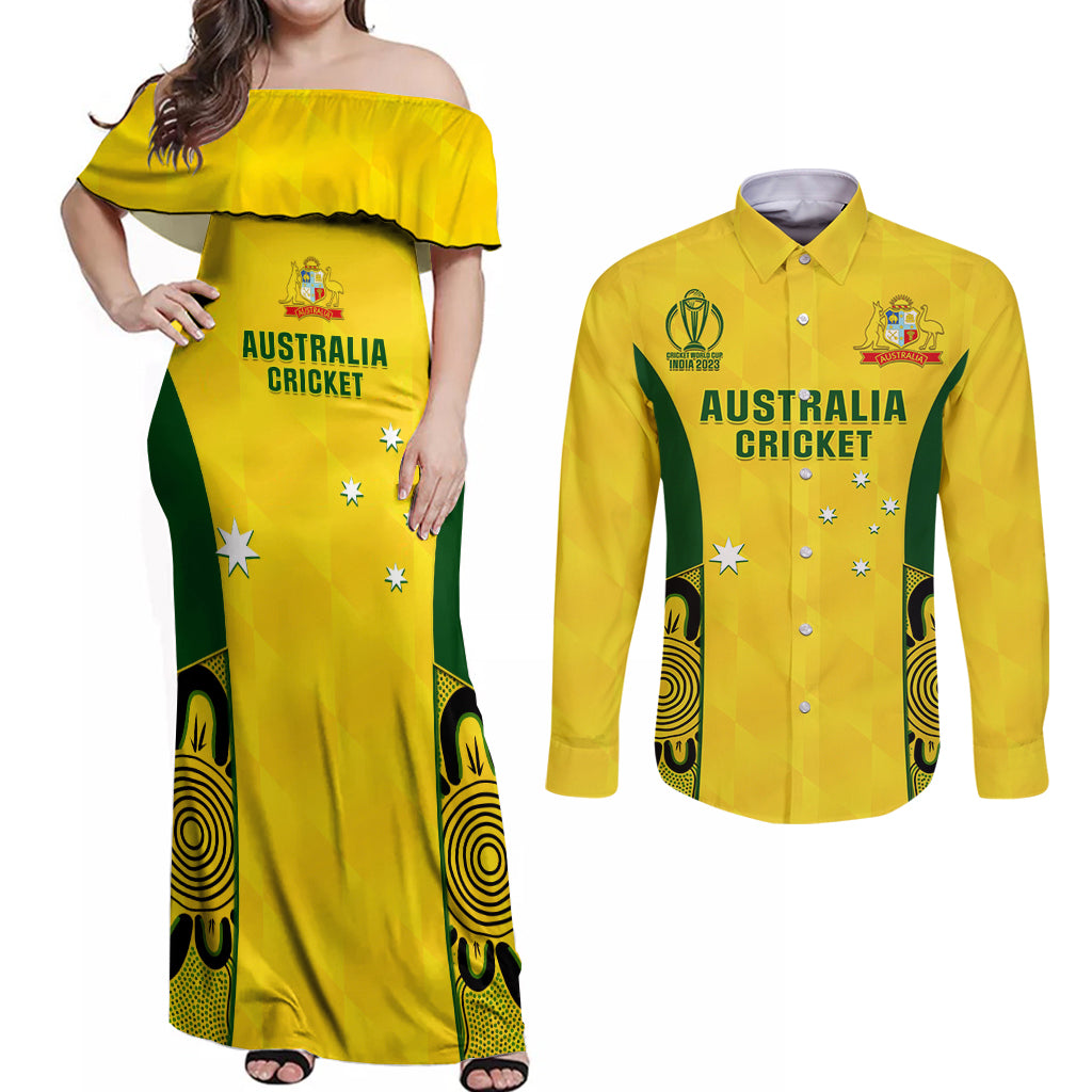 custom-australia-cricket-couples-matching-off-shoulder-maxi-dress-and-long-sleeve-button-shirt-world-cup-go-champions-2023-indigenous