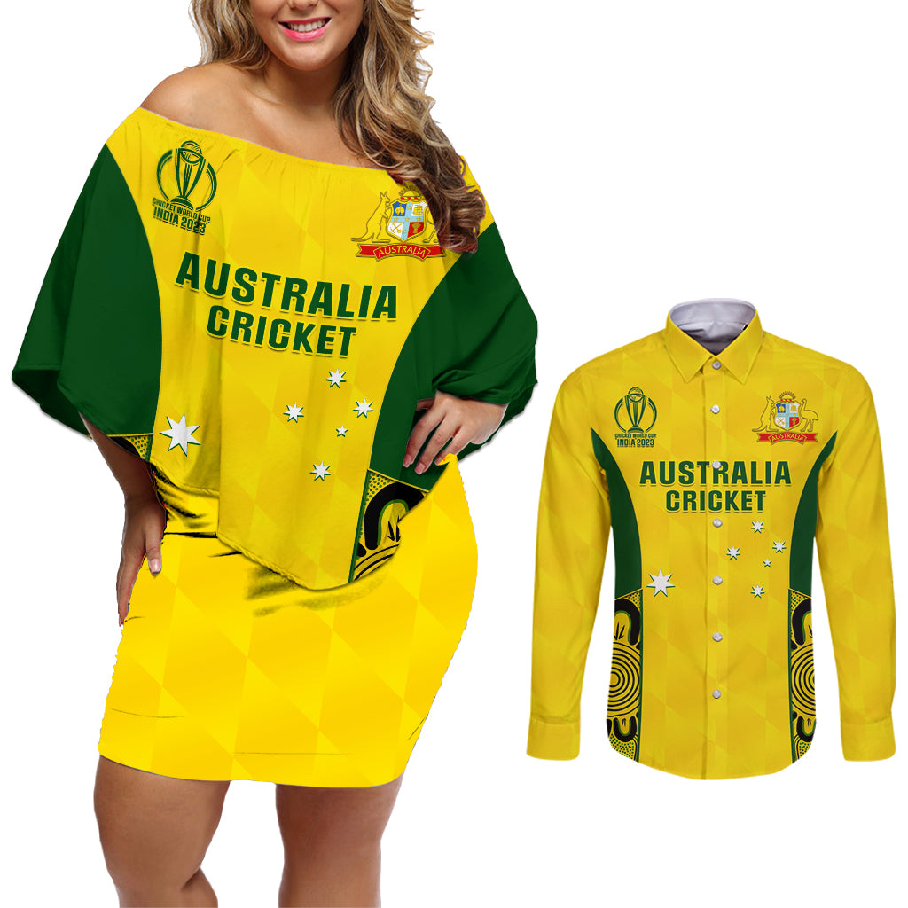 custom-australia-cricket-couples-matching-off-shoulder-short-dress-and-long-sleeve-button-shirt-world-cup-go-champions-2023-indigenous