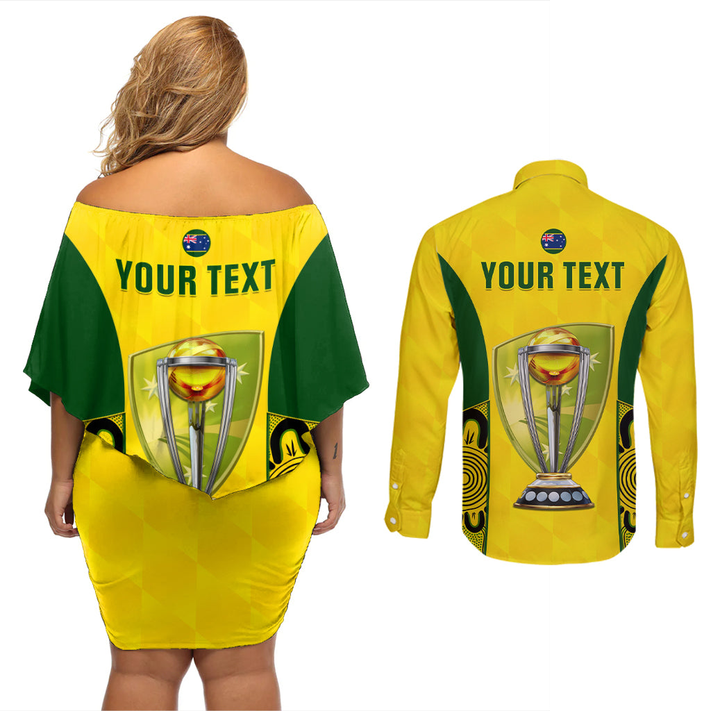 custom-australia-cricket-couples-matching-off-shoulder-short-dress-and-long-sleeve-button-shirt-world-cup-go-champions-2023-indigenous
