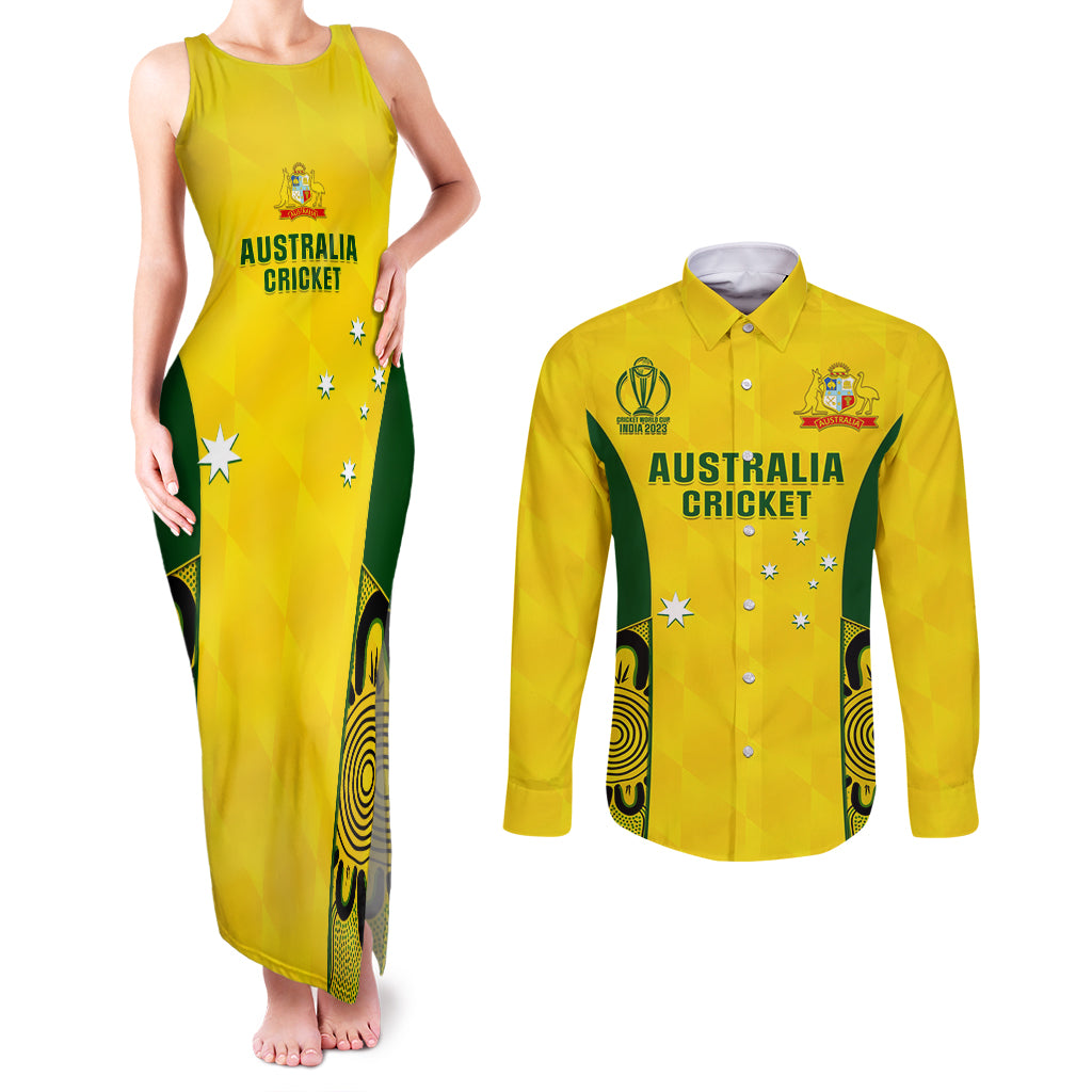 custom-australia-cricket-couples-matching-tank-maxi-dress-and-long-sleeve-button-shirt-world-cup-go-champions-2023-indigenous