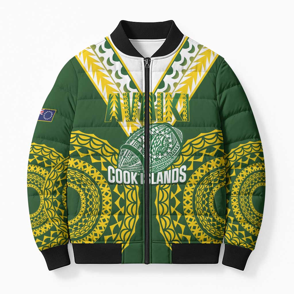 Custom Avaiki Cook Islands Rugby Bomber Puffer Jacket Kuki Airani Tatau Green - Aussie Hoodie