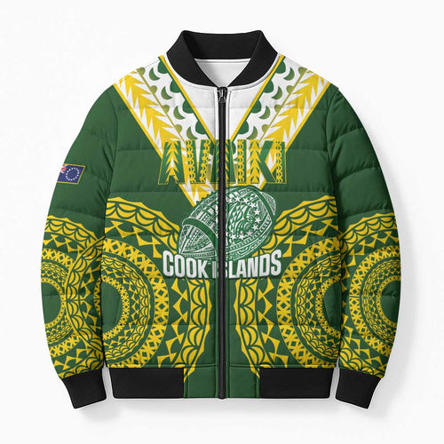 Custom Avaiki Cook Islands Rugby Bomber Puffer Jacket Kuki Airani Tatau Green - Aussie Hoodie