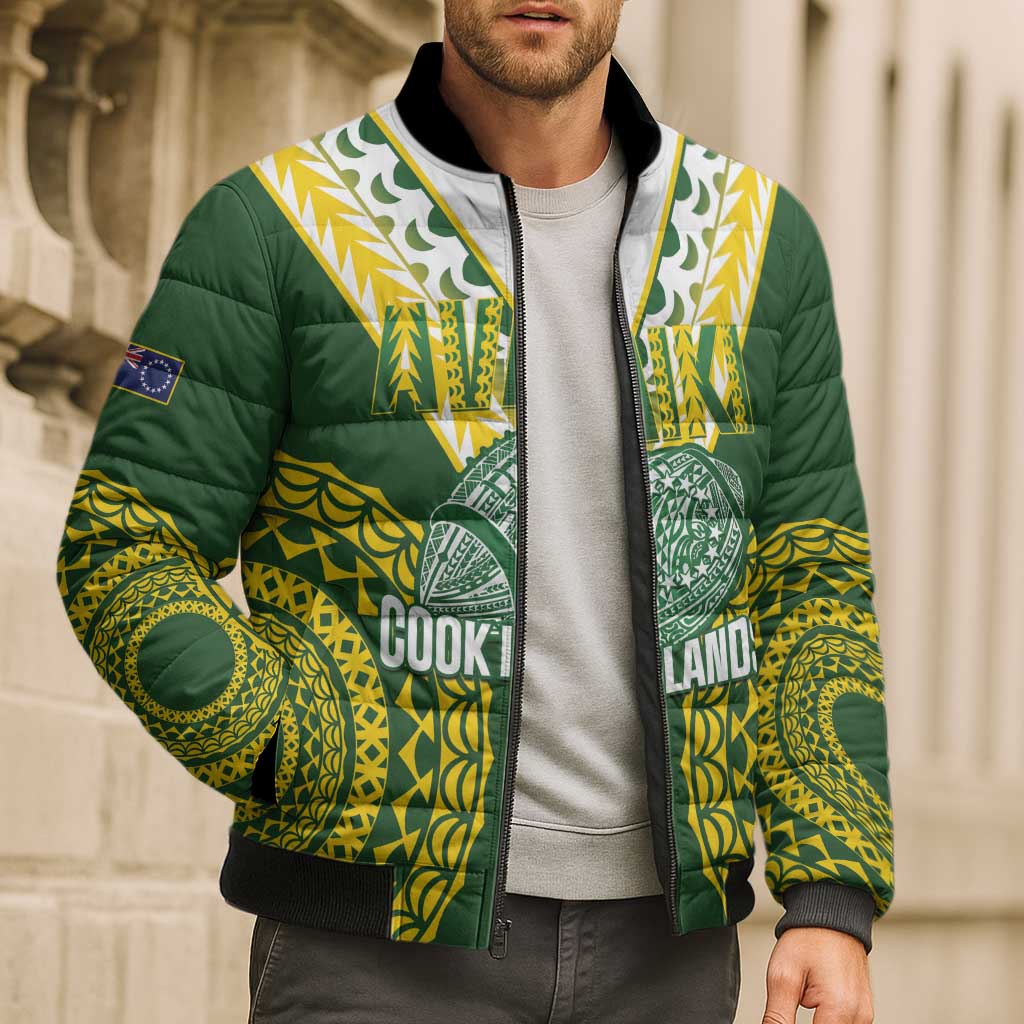 Custom Avaiki Cook Islands Rugby Bomber Puffer Jacket Kuki Airani Tatau Green - Aussie Hoodie