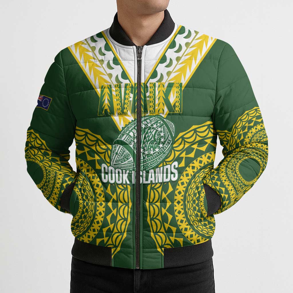Custom Avaiki Cook Islands Rugby Bomber Puffer Jacket Kuki Airani Tatau Green - Aussie Hoodie