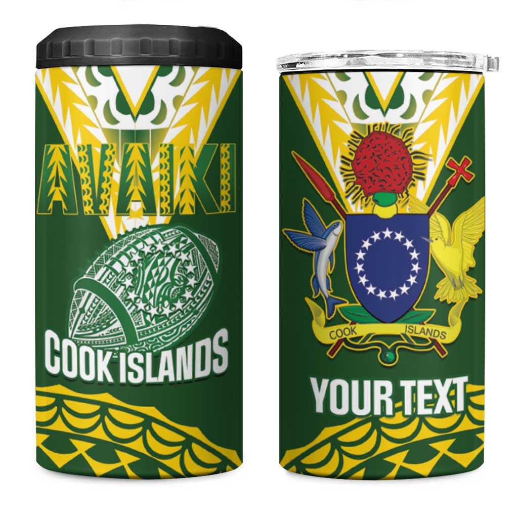 Custom Avaiki Cook Islands Rugby 4 in 1 Can Cooler Tumbler Kuki Airani Tatau Green - Aussie Hoodie