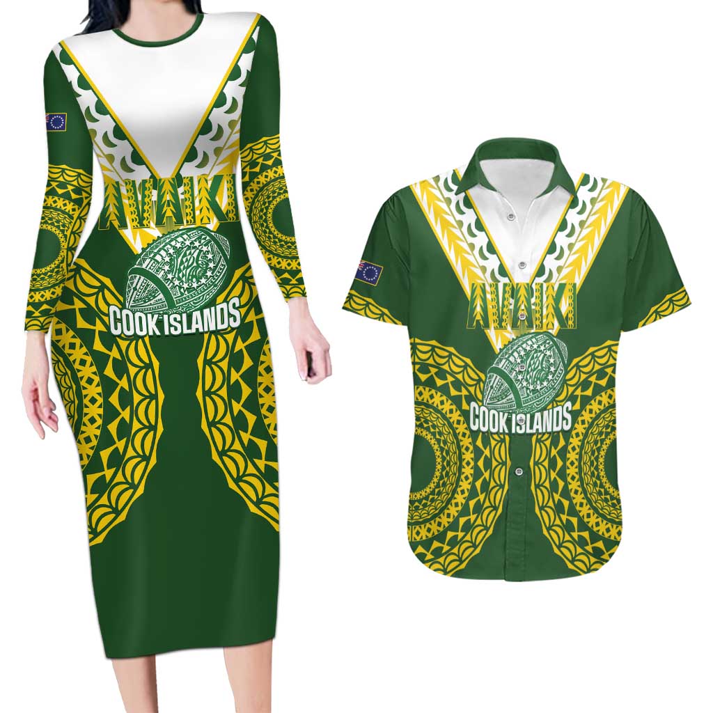 Custom Avaiki Cook Islands Rugby Couples Matching Long Sleeve Bodycon Dress and Hawaiian Shirt Kuki Airani Tatau Green - Aussie Hoodie