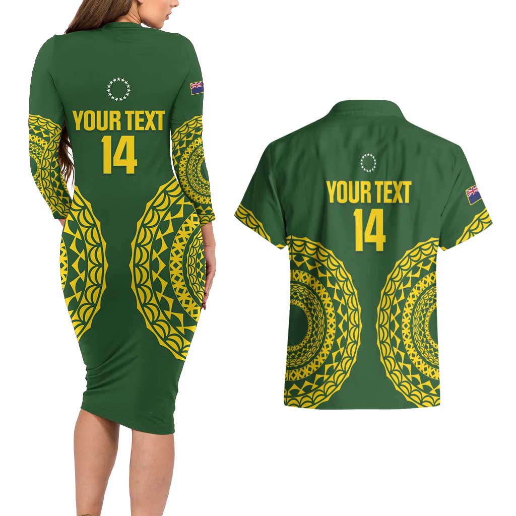 Custom Avaiki Cook Islands Rugby Couples Matching Long Sleeve Bodycon Dress and Hawaiian Shirt Kuki Airani Tatau Green - Aussie Hoodie
