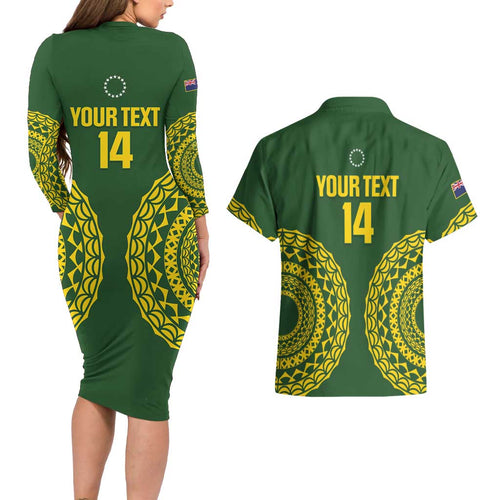 Custom Avaiki Cook Islands Rugby Couples Matching Long Sleeve Bodycon Dress and Hawaiian Shirt Kuki Airani Tatau Green - Aussie Hoodie
