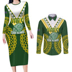 Custom Avaiki Cook Islands Rugby Couples Matching Long Sleeve Bodycon Dress and Long Sleeve Button Shirt Kuki Airani Tatau Green - Aussie Hoodie