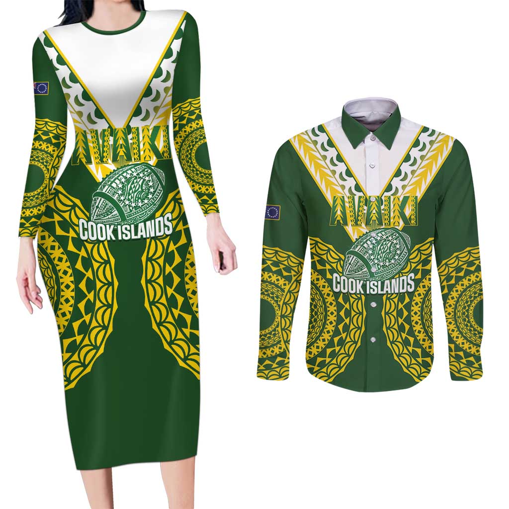 Custom Avaiki Cook Islands Rugby Couples Matching Long Sleeve Bodycon Dress and Long Sleeve Button Shirt Kuki Airani Tatau Green - Aussie Hoodie