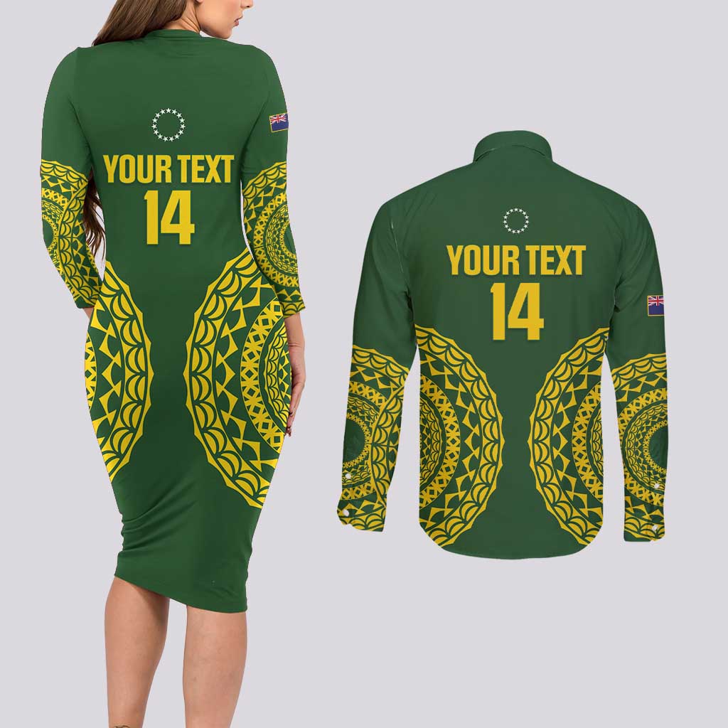 Custom Avaiki Cook Islands Rugby Couples Matching Long Sleeve Bodycon Dress and Long Sleeve Button Shirt Kuki Airani Tatau Green - Aussie Hoodie