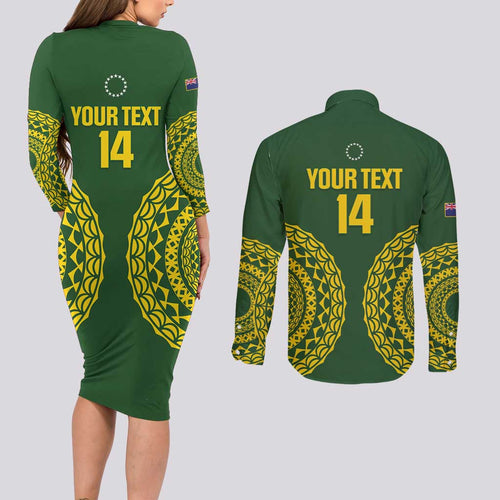 Custom Avaiki Cook Islands Rugby Couples Matching Long Sleeve Bodycon Dress and Long Sleeve Button Shirt Kuki Airani Tatau Green - Aussie Hoodie
