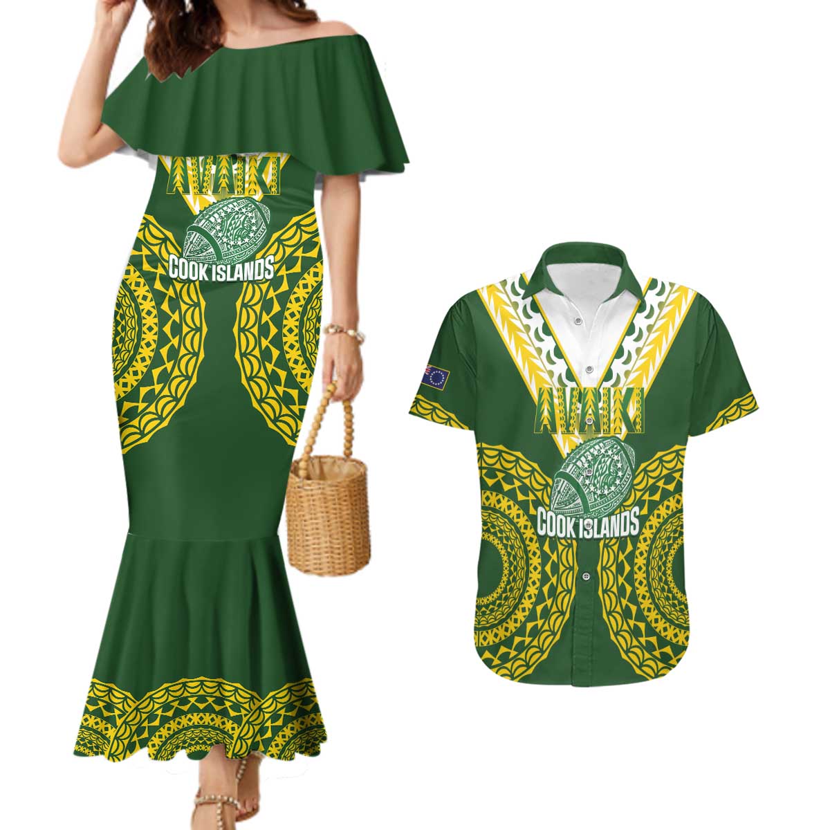 Custom Avaiki Cook Islands Rugby Couples Matching Mermaid Dress and Hawaiian Shirt Kuki Airani Tatau Green - Aussie Hoodie