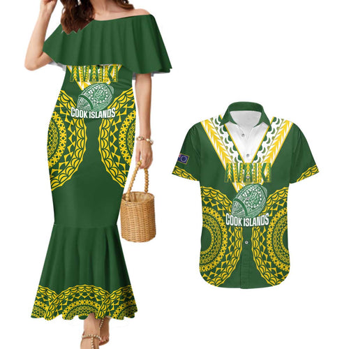 Custom Avaiki Cook Islands Rugby Couples Matching Mermaid Dress and Hawaiian Shirt Kuki Airani Tatau Green - Aussie Hoodie