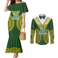 Custom Avaiki Cook Islands Rugby Couples Matching Mermaid Dress and Long Sleeve Button Shirt Kuki Airani Tatau Green - Aussie Hoodie