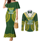 Custom Avaiki Cook Islands Rugby Couples Matching Mermaid Dress and Long Sleeve Button Shirt Kuki Airani Tatau Green - Aussie Hoodie