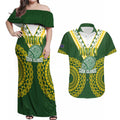 Custom Avaiki Cook Islands Rugby Couples Matching Off Shoulder Maxi Dress and Hawaiian Shirt Kuki Airani Tatau Green - Aussie Hoodie