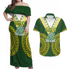 Custom Avaiki Cook Islands Rugby Couples Matching Off Shoulder Maxi Dress and Hawaiian Shirt Kuki Airani Tatau Green - Aussie Hoodie