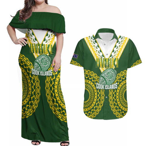 Custom Avaiki Cook Islands Rugby Couples Matching Off Shoulder Maxi Dress and Hawaiian Shirt Kuki Airani Tatau Green - Aussie Hoodie