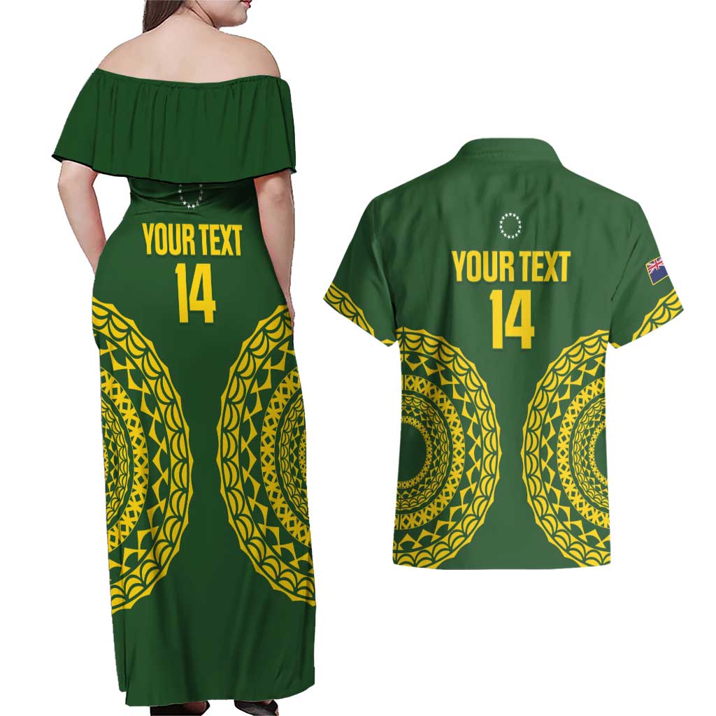 Custom Avaiki Cook Islands Rugby Couples Matching Off Shoulder Maxi Dress and Hawaiian Shirt Kuki Airani Tatau Green - Aussie Hoodie