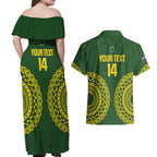 Custom Avaiki Cook Islands Rugby Couples Matching Off Shoulder Maxi Dress and Hawaiian Shirt Kuki Airani Tatau Green - Aussie Hoodie