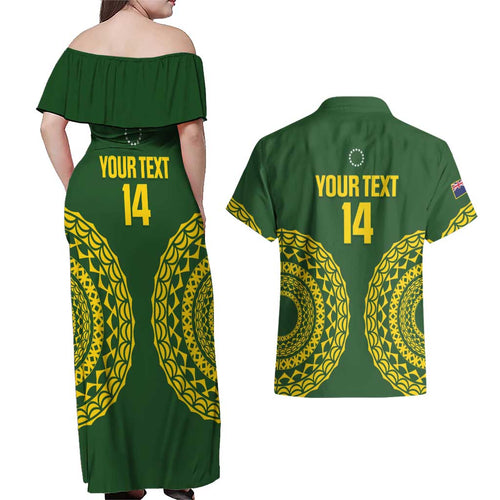 Custom Avaiki Cook Islands Rugby Couples Matching Off Shoulder Maxi Dress and Hawaiian Shirt Kuki Airani Tatau Green - Aussie Hoodie