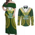 Custom Avaiki Cook Islands Rugby Couples Matching Off Shoulder Maxi Dress and Long Sleeve Button Shirt Kuki Airani Tatau Green - Aussie Hoodie