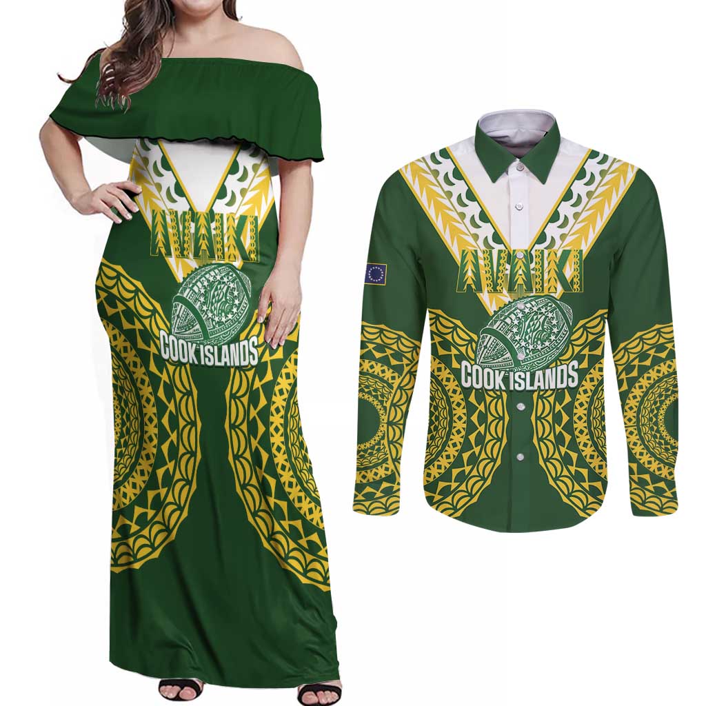 Custom Avaiki Cook Islands Rugby Couples Matching Off Shoulder Maxi Dress and Long Sleeve Button Shirt Kuki Airani Tatau Green - Aussie Hoodie