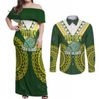 Custom Avaiki Cook Islands Rugby Couples Matching Off Shoulder Maxi Dress and Long Sleeve Button Shirt Kuki Airani Tatau Green - Aussie Hoodie