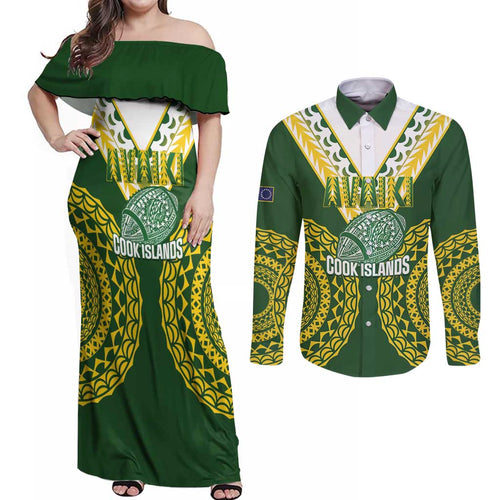 Custom Avaiki Cook Islands Rugby Couples Matching Off Shoulder Maxi Dress and Long Sleeve Button Shirt Kuki Airani Tatau Green - Aussie Hoodie