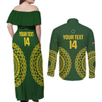 Custom Avaiki Cook Islands Rugby Couples Matching Off Shoulder Maxi Dress and Long Sleeve Button Shirt Kuki Airani Tatau Green - Aussie Hoodie