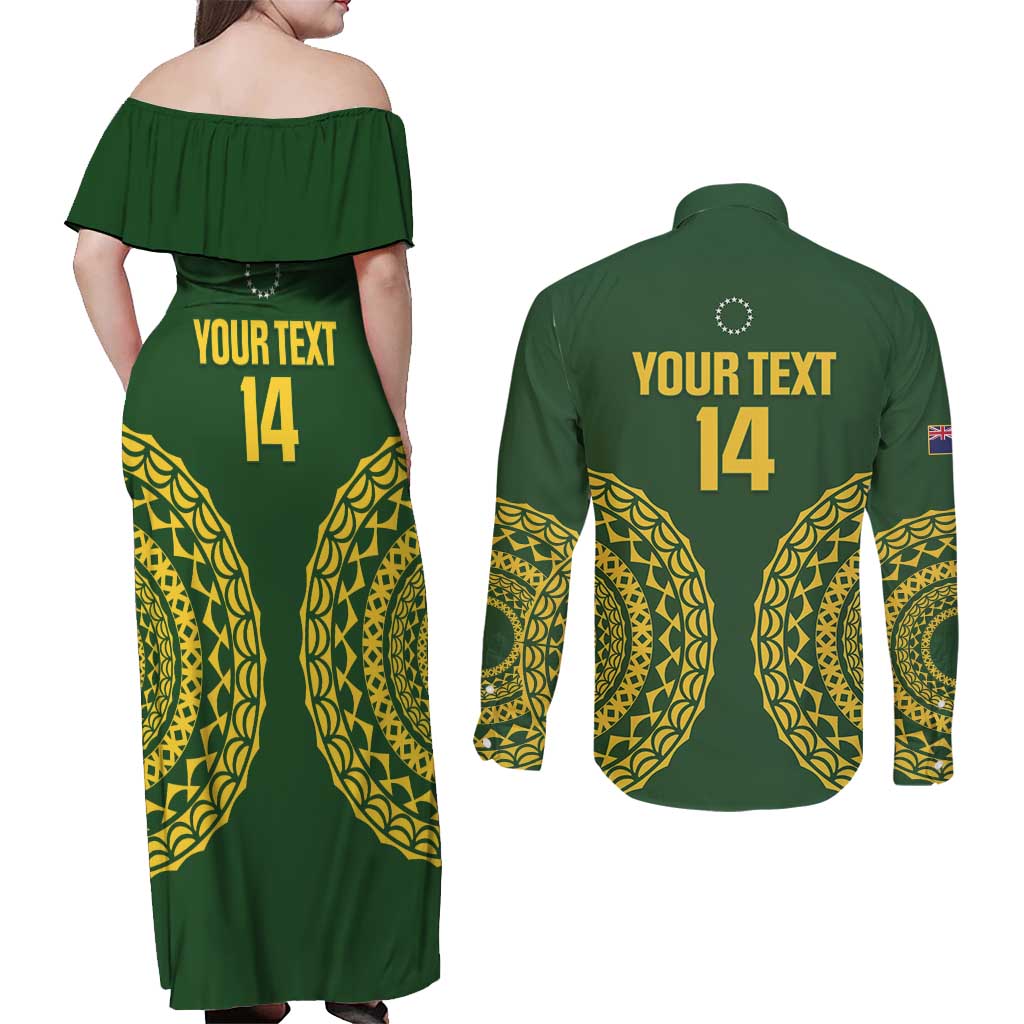 Custom Avaiki Cook Islands Rugby Couples Matching Off Shoulder Maxi Dress and Long Sleeve Button Shirt Kuki Airani Tatau Green - Aussie Hoodie