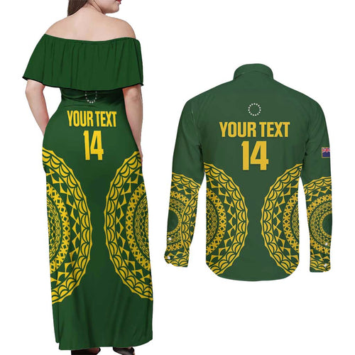 Custom Avaiki Cook Islands Rugby Couples Matching Off Shoulder Maxi Dress and Long Sleeve Button Shirt Kuki Airani Tatau Green - Aussie Hoodie
