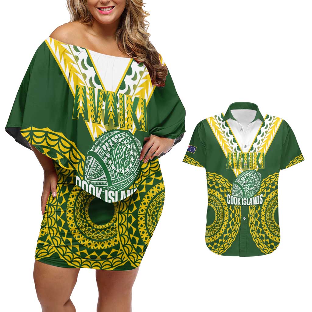 Custom Avaiki Cook Islands Rugby Couples Matching Off Shoulder Short Dress and Hawaiian Shirt Kuki Airani Tatau Green - Aussie Hoodie