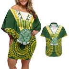 Custom Avaiki Cook Islands Rugby Couples Matching Off Shoulder Short Dress and Hawaiian Shirt Kuki Airani Tatau Green - Aussie Hoodie