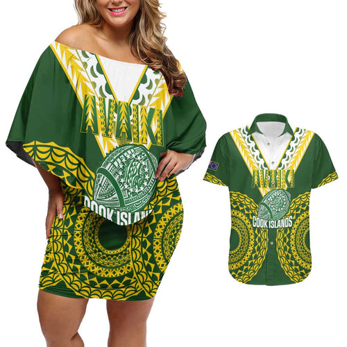 Custom Avaiki Cook Islands Rugby Couples Matching Off Shoulder Short Dress and Hawaiian Shirt Kuki Airani Tatau Green - Aussie Hoodie