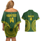 Custom Avaiki Cook Islands Rugby Couples Matching Off Shoulder Short Dress and Hawaiian Shirt Kuki Airani Tatau Green - Aussie Hoodie