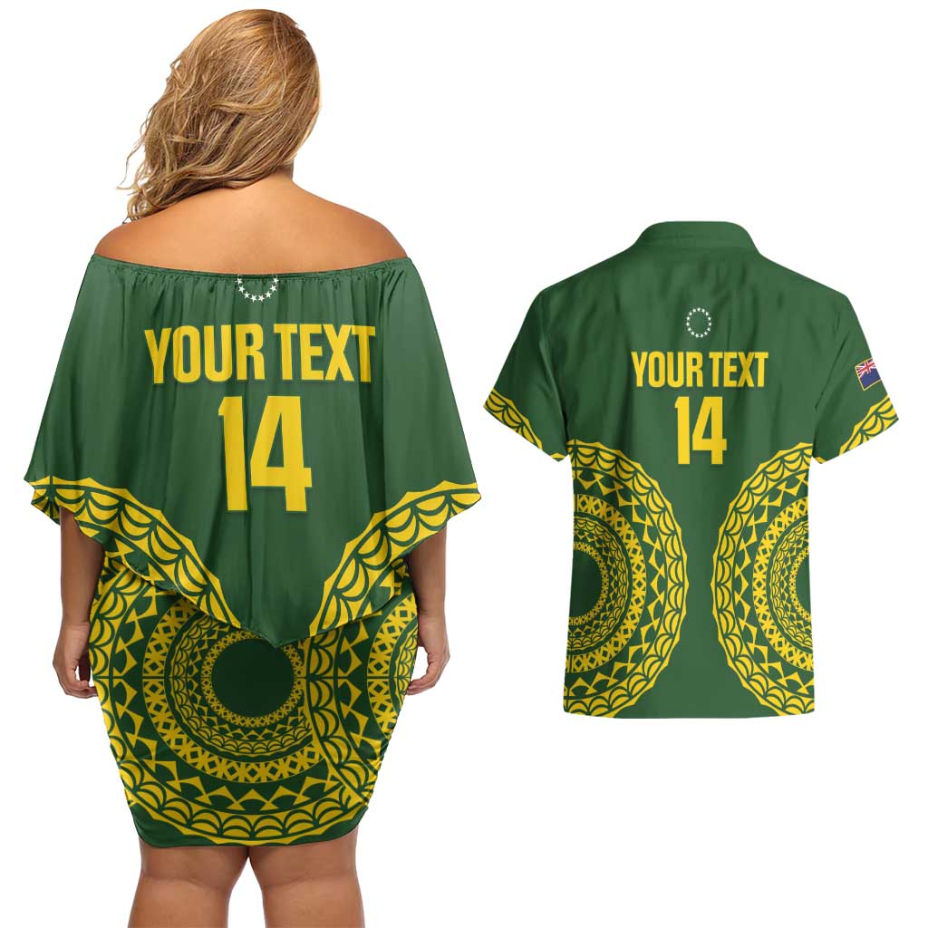 Custom Avaiki Cook Islands Rugby Couples Matching Off Shoulder Short Dress and Hawaiian Shirt Kuki Airani Tatau Green - Aussie Hoodie
