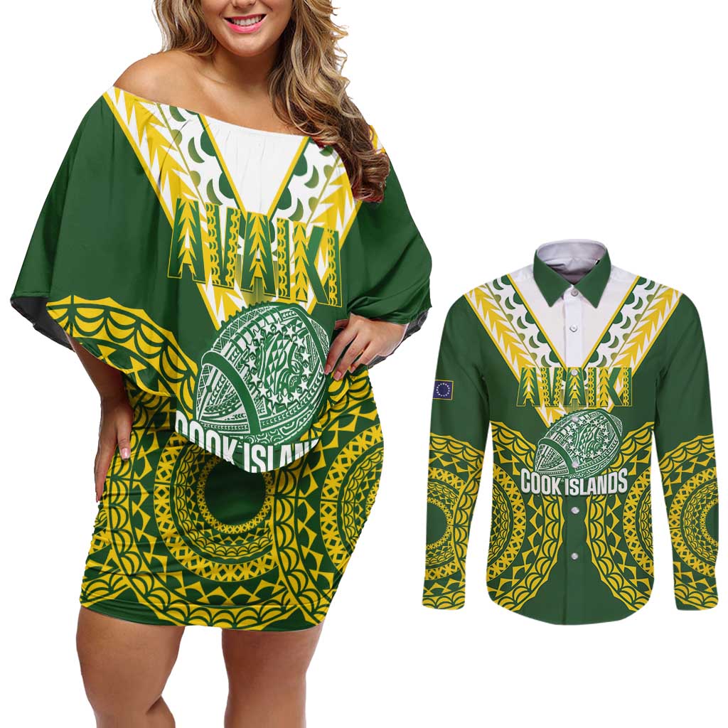 Custom Avaiki Cook Islands Rugby Couples Matching Off Shoulder Short Dress and Long Sleeve Button Shirt Kuki Airani Tatau Green - Aussie Hoodie