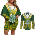 Custom Avaiki Cook Islands Rugby Couples Matching Off Shoulder Short Dress and Long Sleeve Button Shirt Kuki Airani Tatau Green - Aussie Hoodie